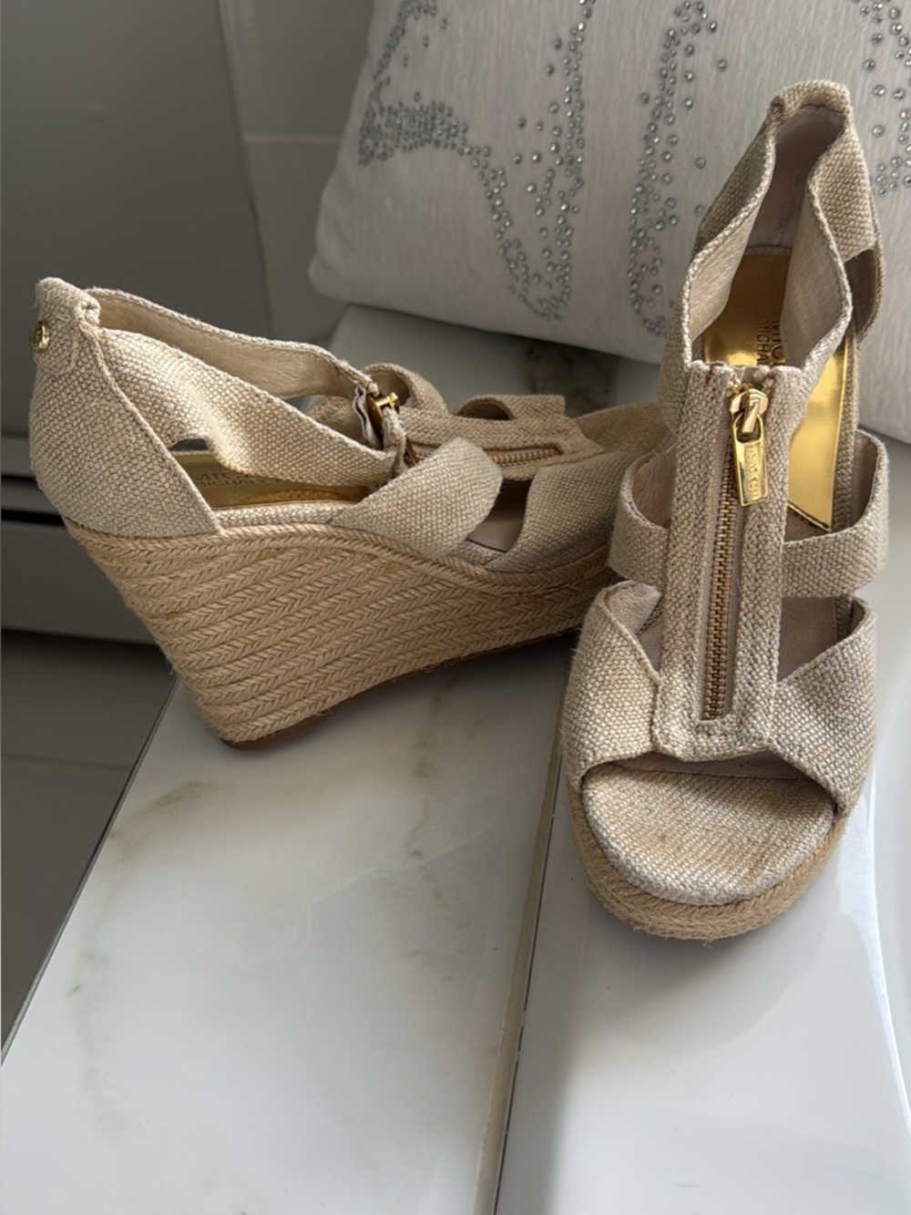 Michael Kors Natural/Tan Espadrille Wedge Sandals with Front Zip 7.5